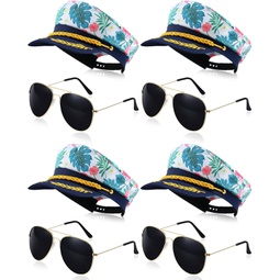 Mepase 4 Pieces Captain Hats Adjustable Floral Sailor Costume Cap and 4 Pairs Sunglasses Classic Metal Shades for Women Men Yacht Party Cosplay Costume