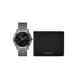 Slim Runway Gunmetal-Tone Stainless Steel Watch & Leather Wallet Set