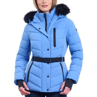 Womens Belted Faux-Fur-Trim Hooded Puffer Coat