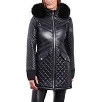 Womens Faux-Fur-Trim Hooded Quilted Coat