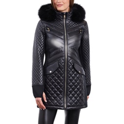 Womens Faux-Fur-Trim Hooded Quilted Coat