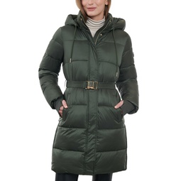 Womens Hooded Belted Puffer Coat