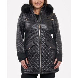 Womens Plus Size Faux-Fur-Trim Hooded Quilted Coat