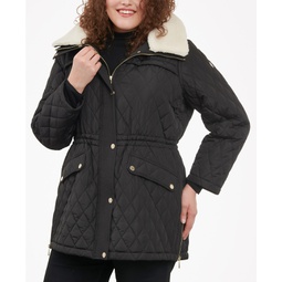 Womens Plus Size Faux-Fur-Collar Quilted Coat