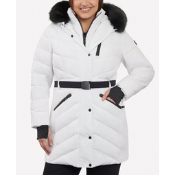 Womens Plus Size Belted Faux-Fur-Trim Hooded Puffer Coat
