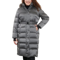 Womens Plus Size Shine Belted Faux-Fur-Trim Hooded Puffer Coat