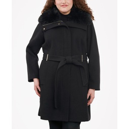 Womens Plus Size Belted Faux-Fur-Collar Coat