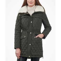 Womens Petite Faux-Fur-Collar Quilted Coat