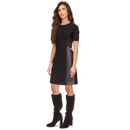 Womens Faux-Leather Mixed-Media Chain Dress