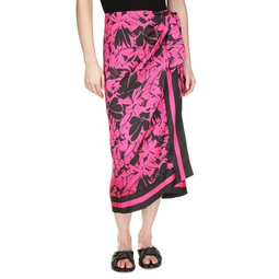 Womens Lush Palm-Print Faux-Wrap Midi Skirt