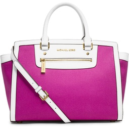 MICHAEL Michael Kors Selma Zip Large Top Zip Satchel Fuschia White & Pink / Fuschia Color handbag