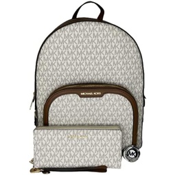 Michael Kors MICHAEL Michael Kors Jaycee Large Zip Pocket Backpack bundled with Large Continental Wallet/Wristlet Purse Hook (Signature MK Vanilla)