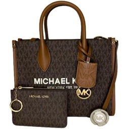 Michael Kors Mirella Small Shopper Top Zip Bag bundled SM TZ Coinpouch Purse Hook (Signature MK Brown)