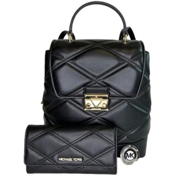 Michael Kors Serena MD Flap Backpack bundled with Trifold Wallet and Purse Hook (Black)