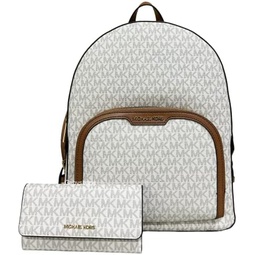 Michael Kors Jaycee Large Backpack School Bag Bundled Jet Set Travel Large Trifold Wallet MK Signature (Vanilla MK)