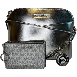 Michael Kors Jet Set Travel MD Dome XCross Crossbody bundled with SM TZ Coinpouch Purse Hook (2022 Silver Holiday)