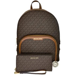 Michael Kors MICHAEL Michael Kors Jaycee Large Zip Pocket Backpack bundled with Large Continental Wallet/Wristlet Purse Hook (Signature MK Brown)