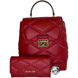Michael Kors Serena MD Flap Backpack bundled with Trifold Wallet and Purse Hook (Chili)