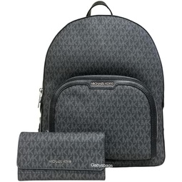 Michael Kors Jaycee Large Backpack School Bag Bundled Jet Set Travel Large Trifold Wallet MK Signature (Black MK)