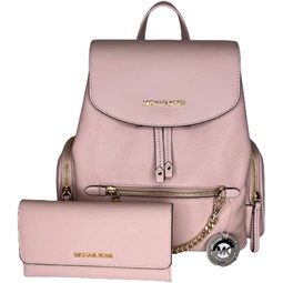 Michael Kors Jet Set MD Chain Backpack bundled with Large Trifold Wallet and Purse Hook (Powder Blush)