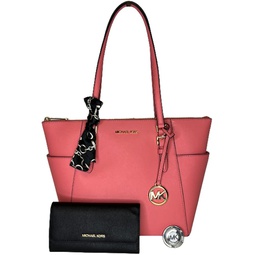 Michael Kors Charlotte Large Zip Tote bundled with matching Trifold Wallet and Purse Hook (Tea Rose/Black)