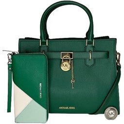 Michael Kors Hamilton MD Satchel bundled with Large Continental Wallet and Purse Hook (Green Multi Colorblock)
