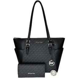 Michael Kors Charlotte Large Zip Tote bundled with matching Trifold Wallet and Purse Hook (Signature MK Black)