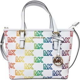 Michael Kors XS Carry All Jet Set Travel Womens Crossbody Tote (Rainbow MK Optic White)