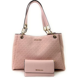 Michael Kors Womens Trisha Large Shoulder Bag Tote Purse Handbag With Matching Trifold Wallet (Dark Powder Blush)