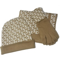 Michael Kors Womens 3 Piece Set MK Logo Scarf, Hat & Gloves, Camel/Cream