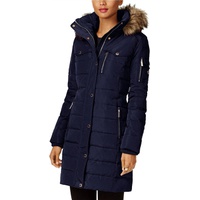3/4 down coat with faux fur hood in navy blue