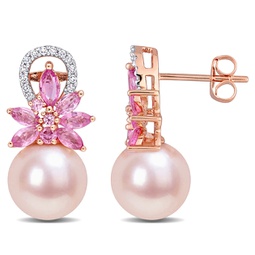 9-9.5 mm pink cultured freshwater pearl and pink sapphire and 1/8 ct tw diamond flower drop earrings in 14k rose gold