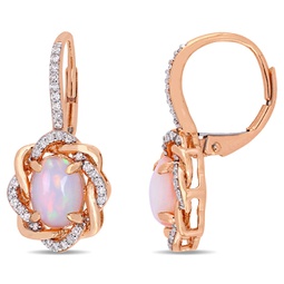 1 1/2 ct tgw blue ethiopian opal and 1/4 ct tw diamond halo leverback earrings in 10k rose gold
