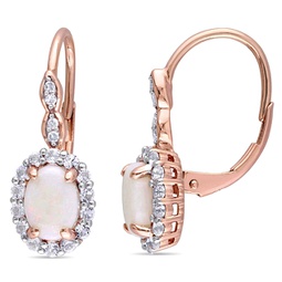 1 3/4 ct tgw oval shape opal, white topaz and diamond accent vintage leverback earrings in 14k rose gold