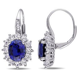 8.06 ct tgw created blue and white sapphire and halo diamond leverback earrings in sterling silver