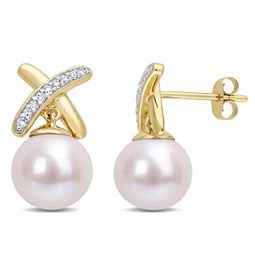 8.5-9 mm cultured freshwater pearl and 1/6 ct tw diamond x drop earrings in 14k yellow gold