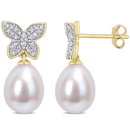 8.5-9 mm freshwater cultured pearl and 1/8 ct tdw diamond butterfly drop earrings in 10k yellow gold