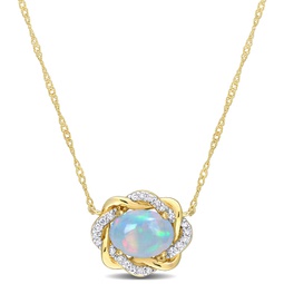 3/4 ct tgw ethiopian blue opal and 1/10 ct tw diamond interlaced halo necklace 10k yellow gold