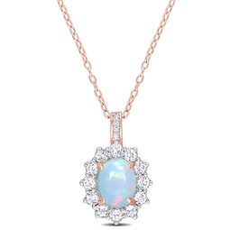 2 1/6 ct tgw oval shape blue ethiopian opal and white topaz and diamond accent halo pendant with chain in rose plated sterling silver
