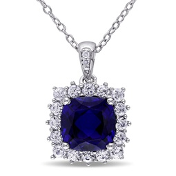 3 3/5 ct tgw created blue and created white sapphire and diamond halo pendant with chain in sterling silver