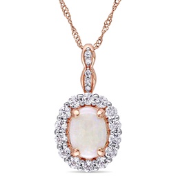 1 1/2 ct tgw oval shape opal, white topaz and diamond accent vintage pendant with chain in 14k rose gold
