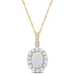1 1/2 ct tgw oval shape opal and white topaz and diamond accent halo pendant with chain in 14k yellow gold