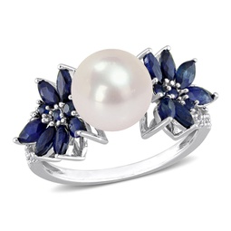 9-9.5 mm cultured freshwater pearl and 3/8 ct tgw sapphire and 1/8 ct tw diamond flower ring in 14k white gold