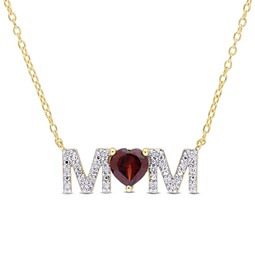 4/5 ct tgw heart garnet and 1/10 ct tdw diamond mom pendant with chain in yellow plated sterling silver