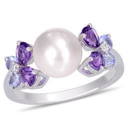 8-8.5 mm white cultured freshwater pearl, diamond, tanzanite, and amethyst ring