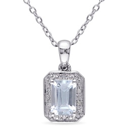 1ct tgw emerald cut aquamarine and diamond pendant with chain in sterling silver