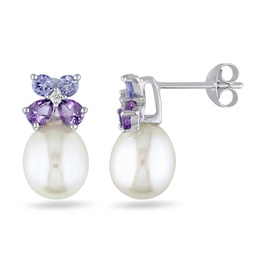 8-8.5 mm white cultured freshwater pearl, diamond, tanzanite and amethyst stud earrings in sterling silver