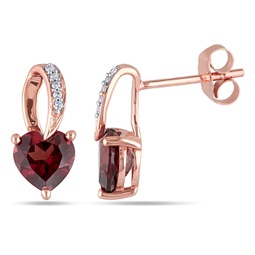 heart shaped garnet earrings with diamonds in 10k rose gold