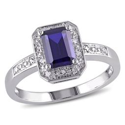 1 3/5ct tgw emerald cut created blue sapphire and diamond accent ring in sterling silver