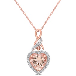 halo diamond and heart shaped morganite pendant with chain in 10k rose gold